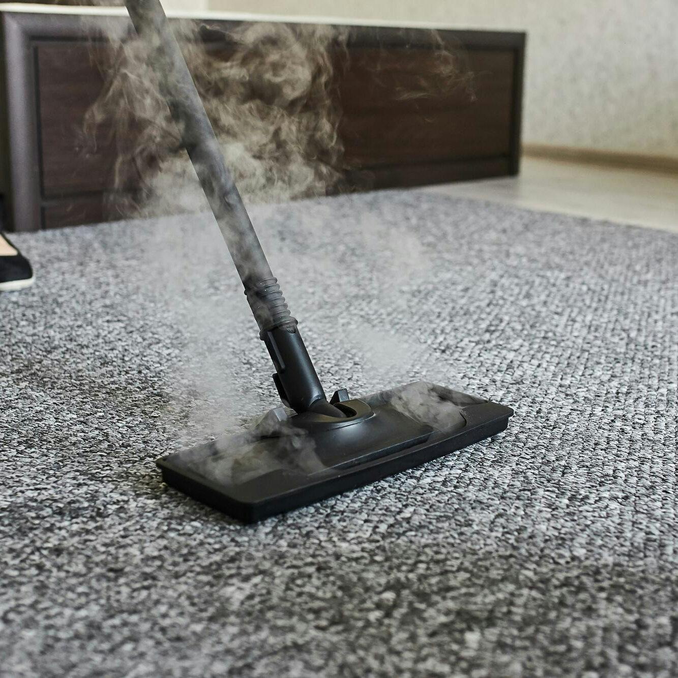 cleaning service company employee removing dirt from carpet in flat with professional steam cleaner