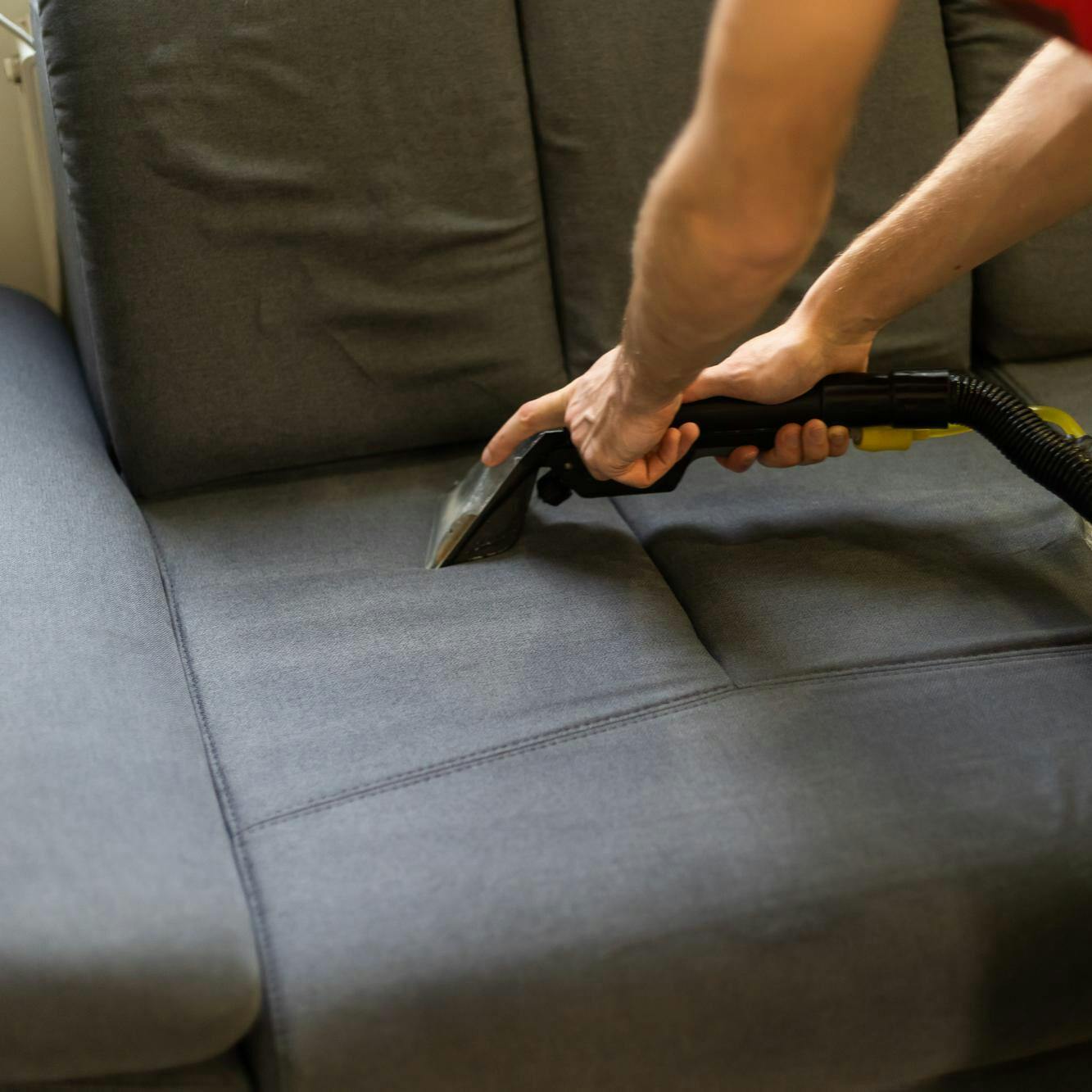man dry cleaner's employee cleaning sofa with professionally extraction method