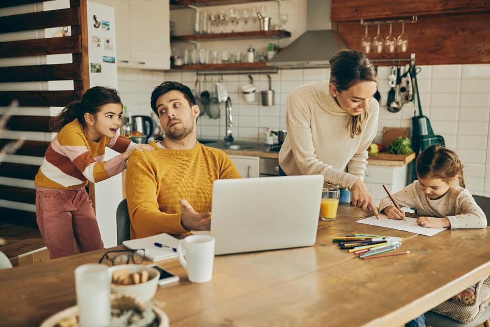 multitasking family at home