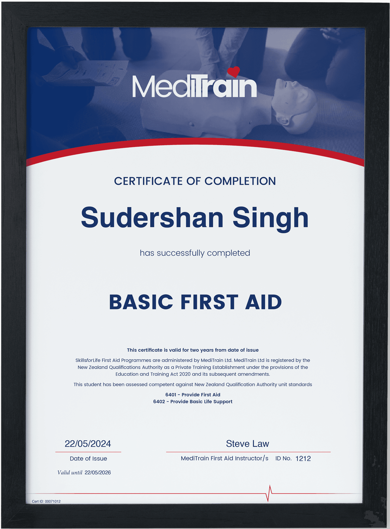 Sunny's First Aid Certificate