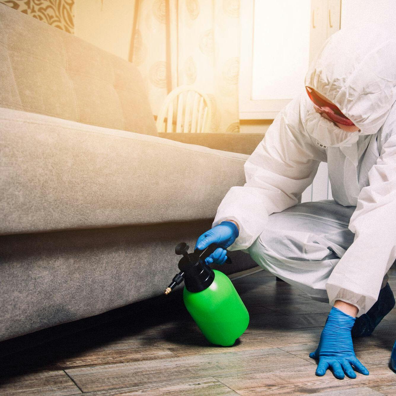An exterminator in work clothes sprays pesticides with a spray gun. fight against insects in apartments and houses. disinsection of the premises